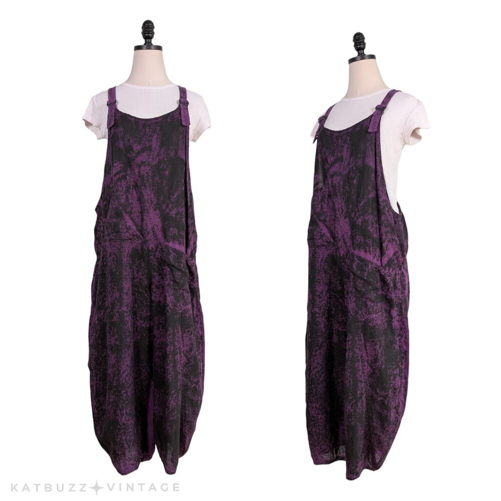 Cynthia Ashby Linen Overalls S Purple Black Boho Hippie Lagenlook Artsy Splatter